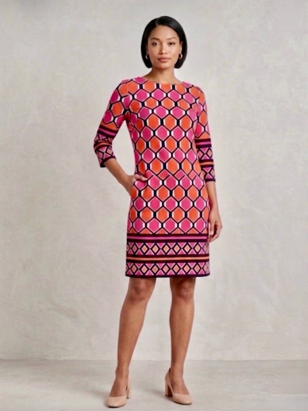 Eliza J Pink & Orange Geometric Print 3/4 Sleeve Shift Dress - Size 14
